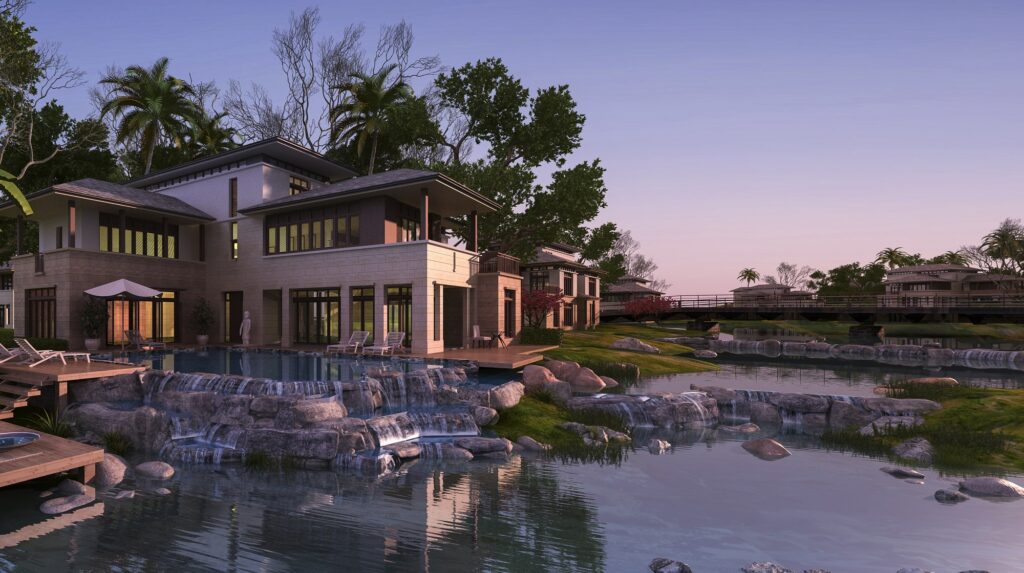 3d rendering beautiful contemporary house near resort and river at sunset villa,luxury villa