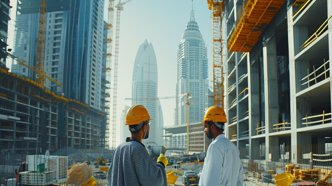 two men hard hats standing construction site looking building generative ai 1035439 16415 Structural Design,Infrastructure Development,Engineering Certification,Construction Management,Sustainable Engineering